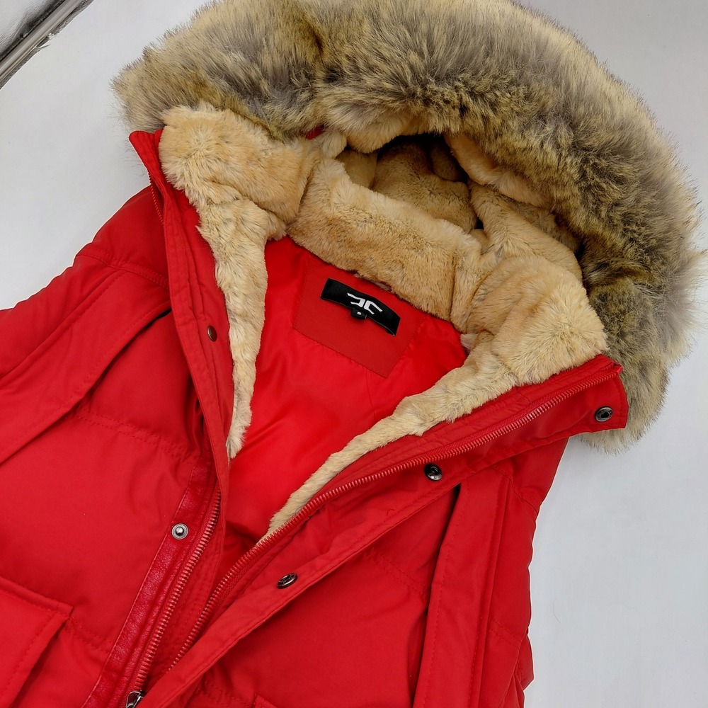 Joyrich Red Puffer Vest S Faux Fur Fuzzy Oversized Lined Hooded 9371V Luxury Ski